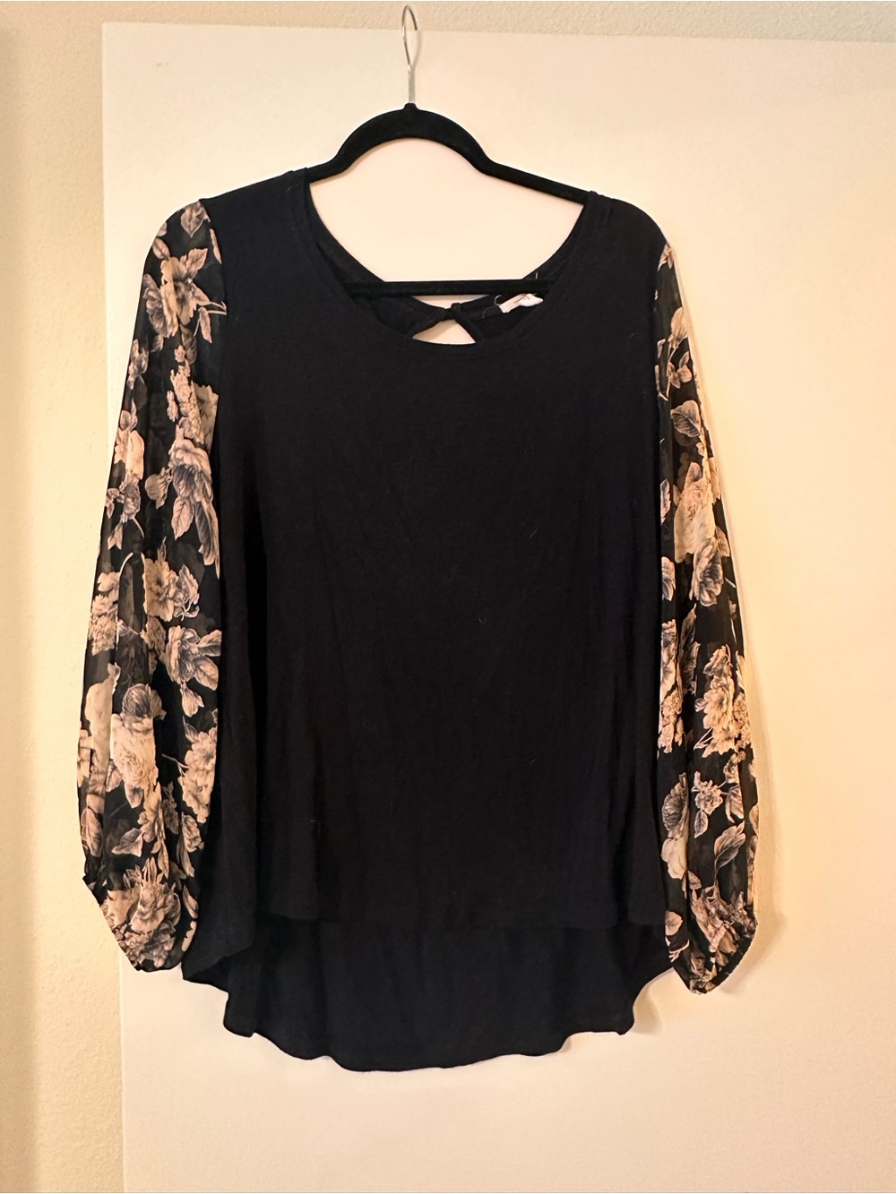 Maurices Black Tunic with Floral Balloon Sleeves